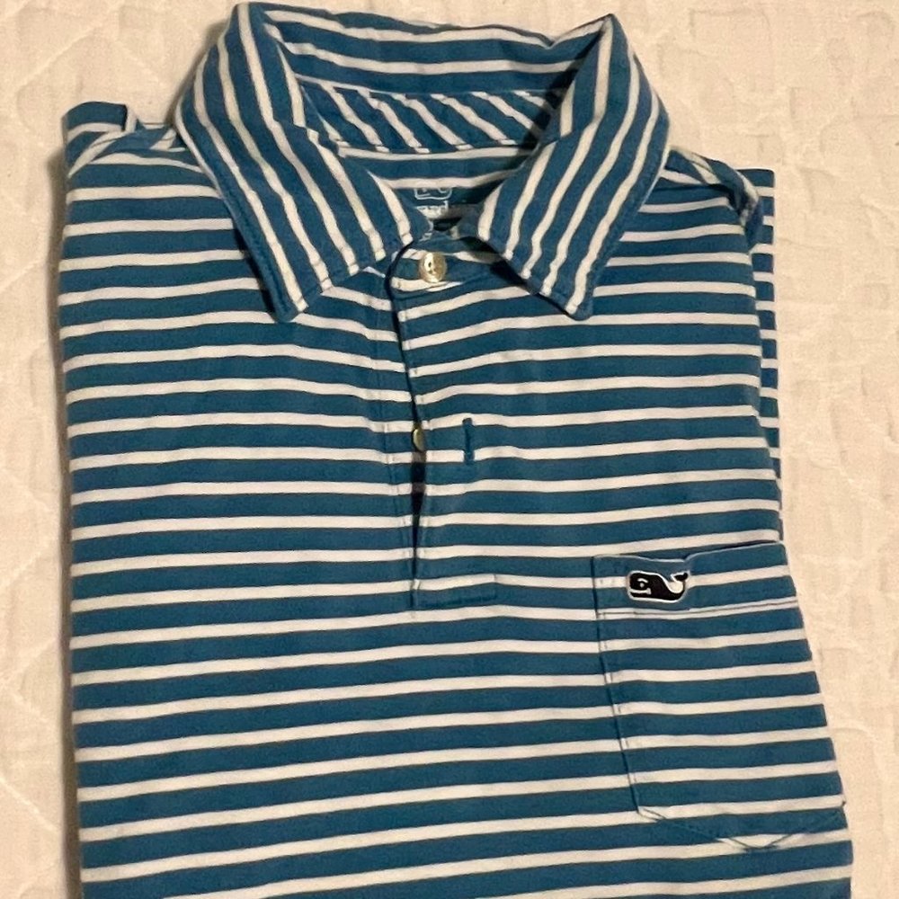 Blue and white striped Vineyard Vines polo